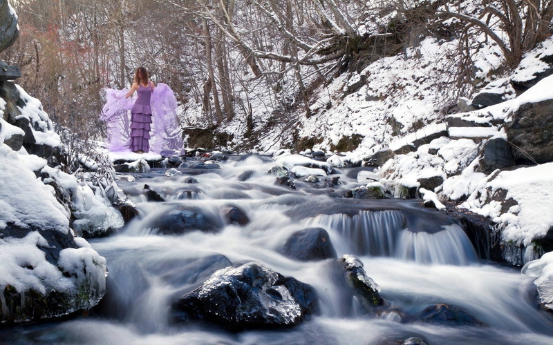 ice, day, snow, cold temperature, rock, rock - object, cold - Temperature, relaxation, vacations, waterfall, flowing water, purple, women, forest, wearing