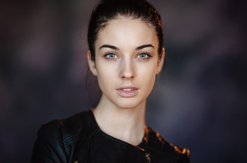 brown hair, face, young women, black color, hair, leather jackets, fashion, 1080P, headshot, looking at camera, Alla Berger, females, hairstyle, beautiful woman
