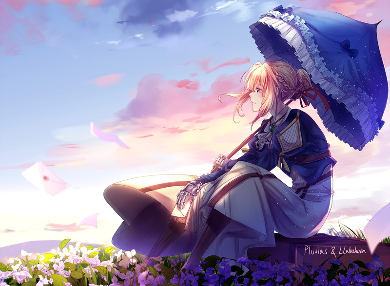 Violet Evergarden, violet, pink clouds, 1080P, blue sky, umbrella, letters, wildflowers, iron hand, sadness, ruffles, suitcase