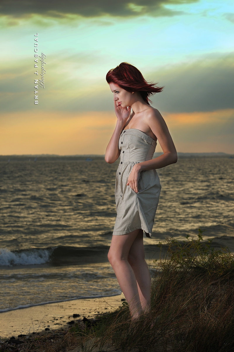striped clothing, windy, model, profile, Bryan L. Pascual, lifting skirt, Susan Coffey, 4K, bare shoulders, strapless dress, redhead, women