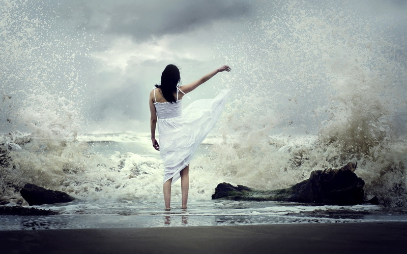 1080P, women on beach, back, women, windy, lifting skirt, white dress, black hair, women outdoors