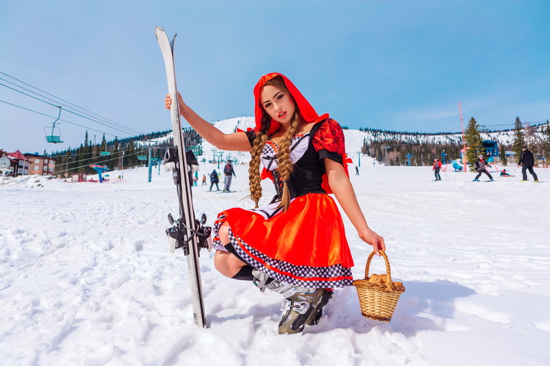 women outdoors, Little Red Riding Hood, looking at viewer, portrait, baskets, long hair, sweets, dress, 2K, depth of field, ski lift, croissants, sky