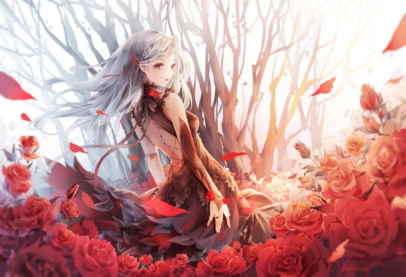 dress, rose, lifting skirt, 720P, trees, flowers
