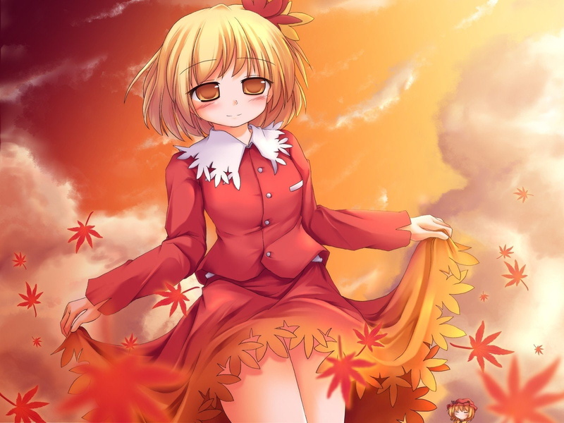 720P, leaves, sisters, blush, touhou, faith, aki, ornaments, bangs, girls, mountain, clouds, hats, red, skirt, lift, eyes, shizuha, siblings, autumn, hair