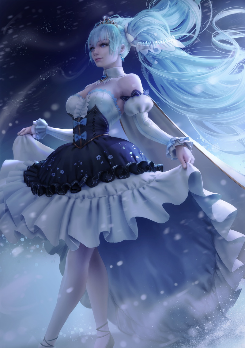 4K, Hatsune Miku, blue hair, long hair, anime girls, Vocaloid, lifting dress, Zarory