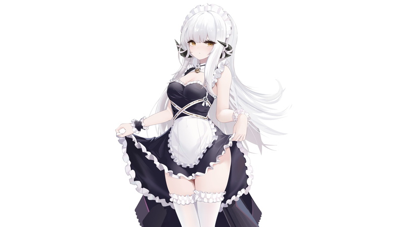 lifting dress, anime, simple background, women, white hair, anime girls, maid, Yuuraku Yuraku, original characters, thigh-highs, long hair, 4K, cleavage