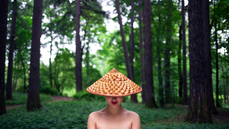 Yury Semenov, women, hat, red lipstick, forest, face, women with hats, bare shoulders, trees, women outdoors, portrait, lips, model, depth of field, 2K