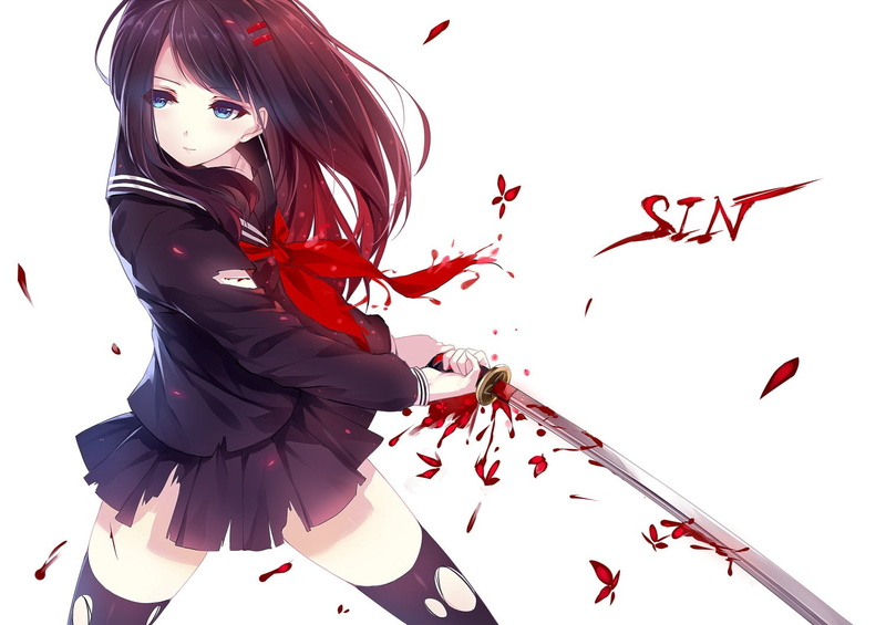 ripped clothes, white background, original characters, long hair, clothing, nature, blood, festival, thigh-highs, hairstyle, costume, blue eyes, young women