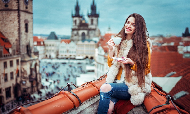hair, straight hair, looking into the distance, water, women, drink, ripped clothes, rooftops, young adult, torn jeans, women outdoors, travel destinations