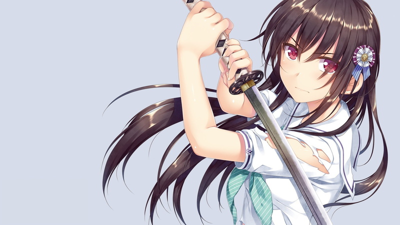 1080P, Boku no Hitori Sensou, anime girls, torn clothes, Inuduca Rumi, school uniform, schoolgirl, katana, ripped clothes
