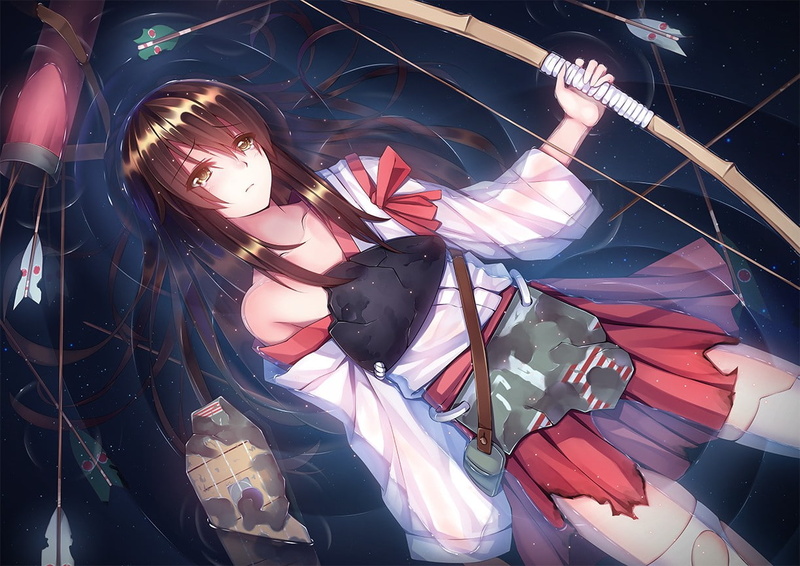 water, Akagi (KanColle), arrows, bow, crying, Kantai Collection, long hair, 480P, thigh-highs, anime girls, ripped clothes, anime