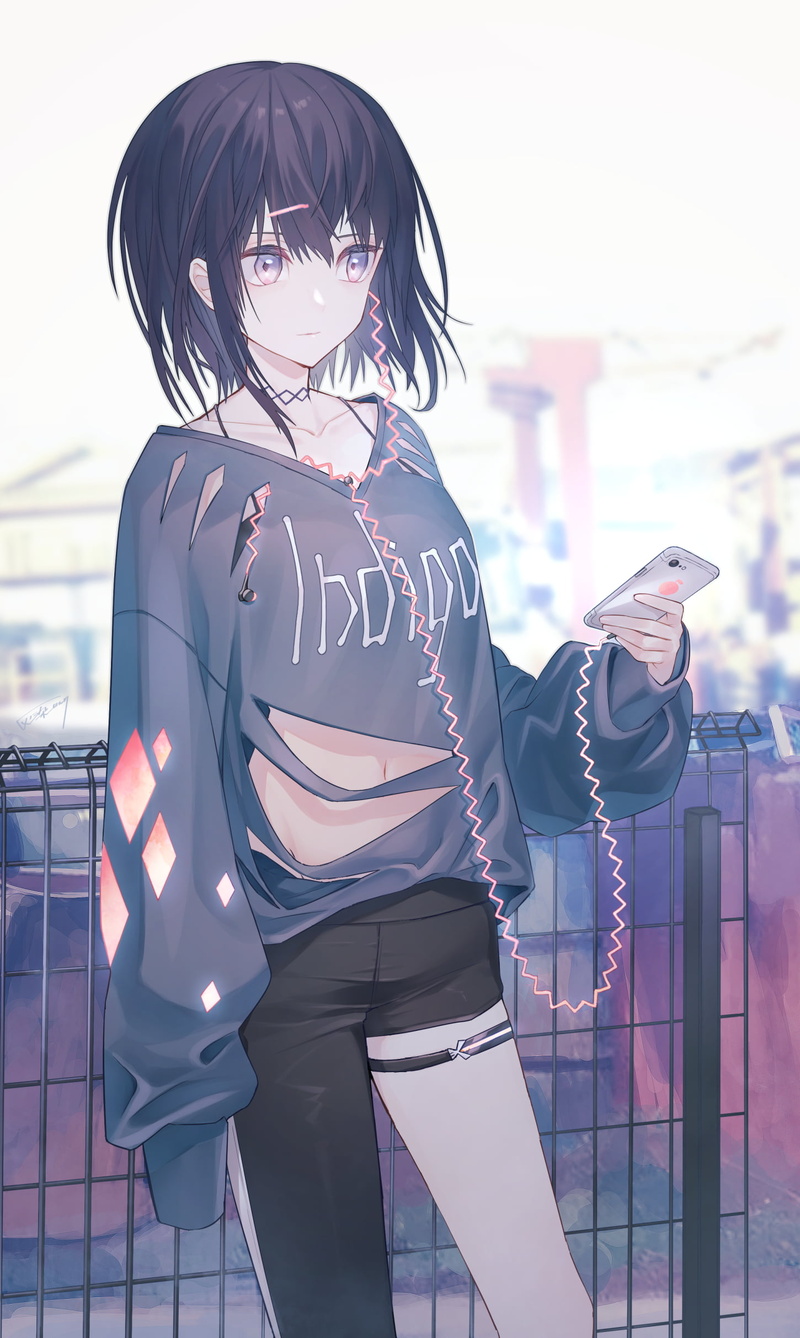 1080P, Ash Dyeing, ripped clothes, vertical, ripped clothing, short hair, anime girls, anime, torn shirt