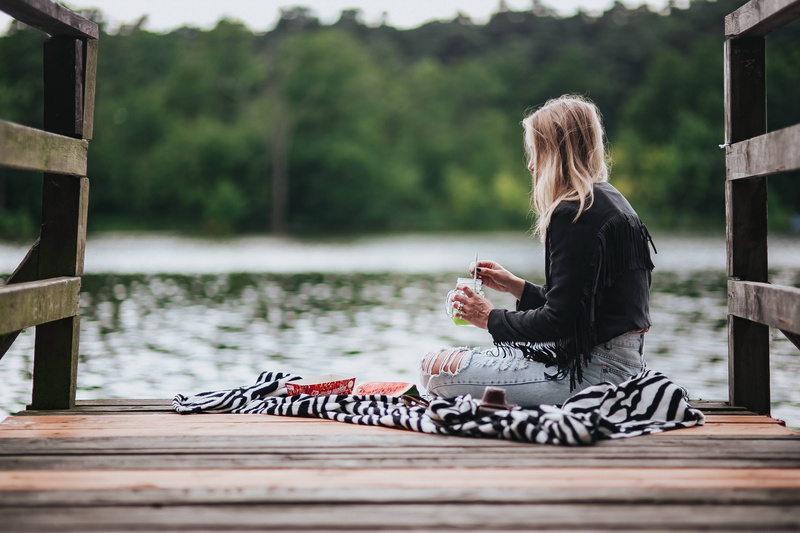 sneakers, relaxation, one woman only, converse, jeans, side view, jetty, 4K, watermelon, caucasian Ethnicity, day, connection, outdoors, one Person, people