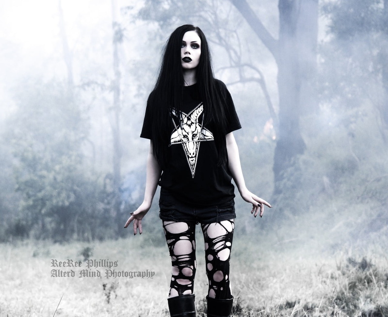 ripped clothes, mist, dark hair, jean shorts, black lipstick, 720P, women, black clothing, Gothic, pentagram, black nails, short shorts, long hair, forest