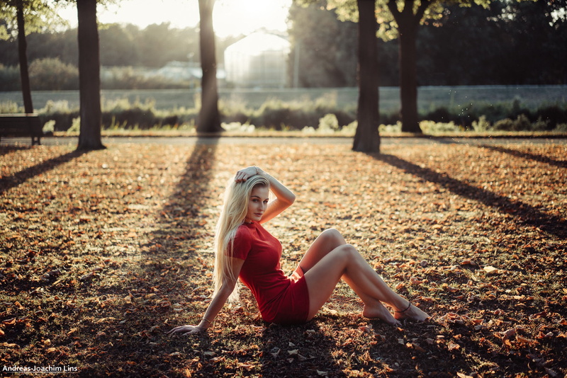 leisure activity, nature, land, red dress, blond hair, Rika Berhorst, full length, women, sunlight, lifestyles, long hair, fashion, real people, plant