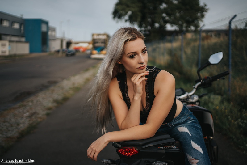 looking away, long hair, brunette, women, nose ring, torn jeans, Andreas-Joachim Lins, 1080P, women outdoors, women with motorcycles