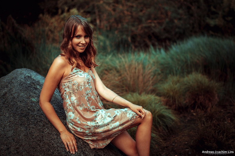 look, posing, grass, stone, dress, portrait, nature, bokeh, brown hair, model, hairstyle, makeup, 1080P, smile, Desirée Fischbach, Andreas-Joachim Lins