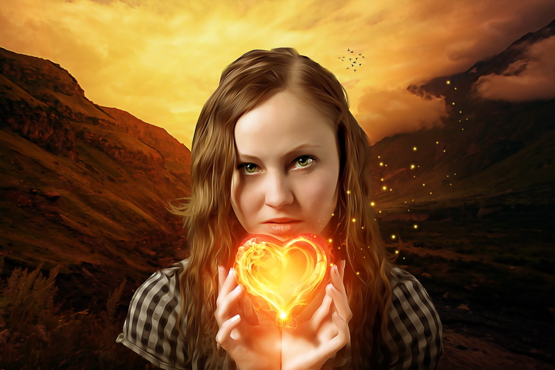 fantasy portrait, fire heart, girl, black, beautiful woman, sky, looking at camera, women, young adult, fantasy, beauty, wearing, woman, sunset, outdoors