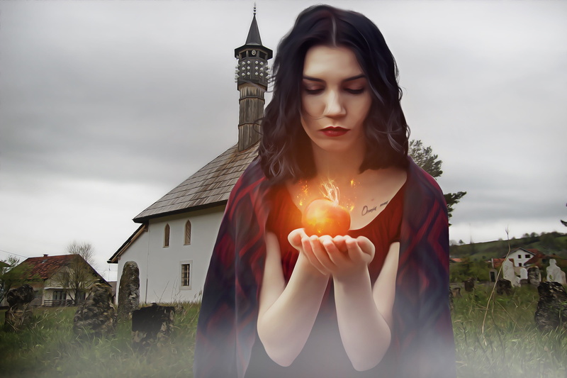 young women, architecture, looking, nature, gothic, apple, woman, religion, fire, dark, female, daytime, holding, illuminated, beauty, wearing, building exterior