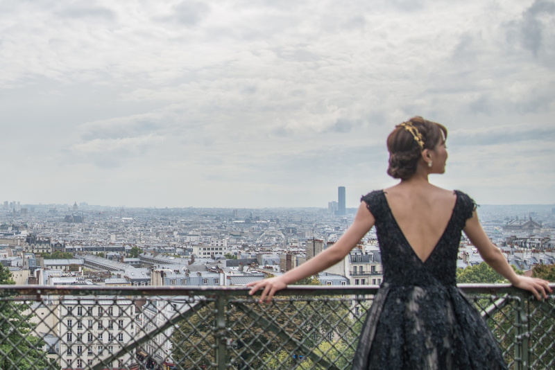 built structure, girl, clouds, black, contemplation, france, leisure, sky, cloud - sky, buildings, lady, three quarter length, pose, standing, landscape