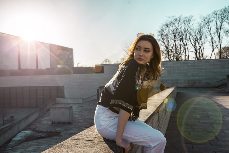 5K, black, beautiful woman, lens flare, person, female, outfit, blue sky, sunbeam, casual, brunette, girl, sky, caucasian, one person, young adult, sun