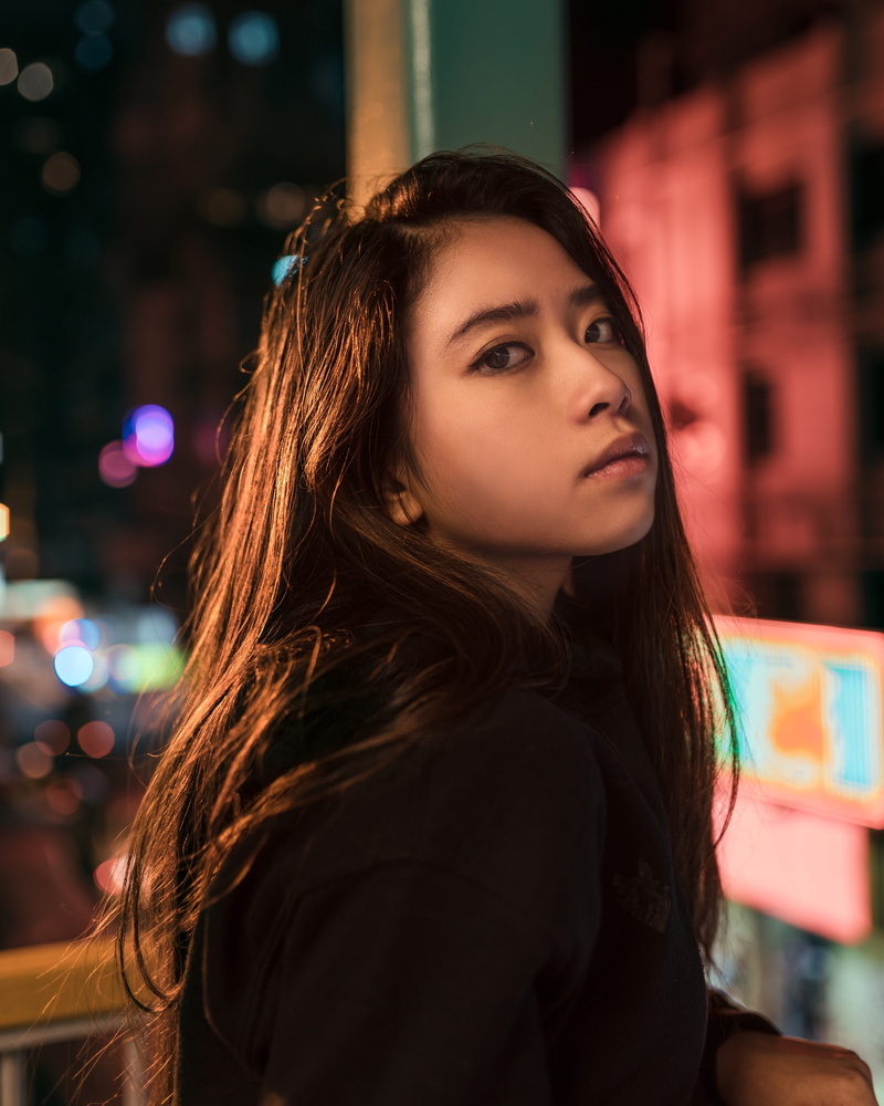 street, wear, headshot, wearing, young, looking at camera, black, night, brown hair, contemplation, photoshoot, pretty, young women, hairstyle, light, person