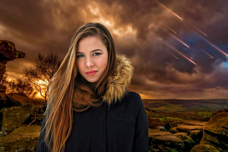 women, landscape, nature, female, beauty, dramatic sky, outdoors, clouds, jacket, shooting, rocks, fantasy, one person, background, looking at camera, black