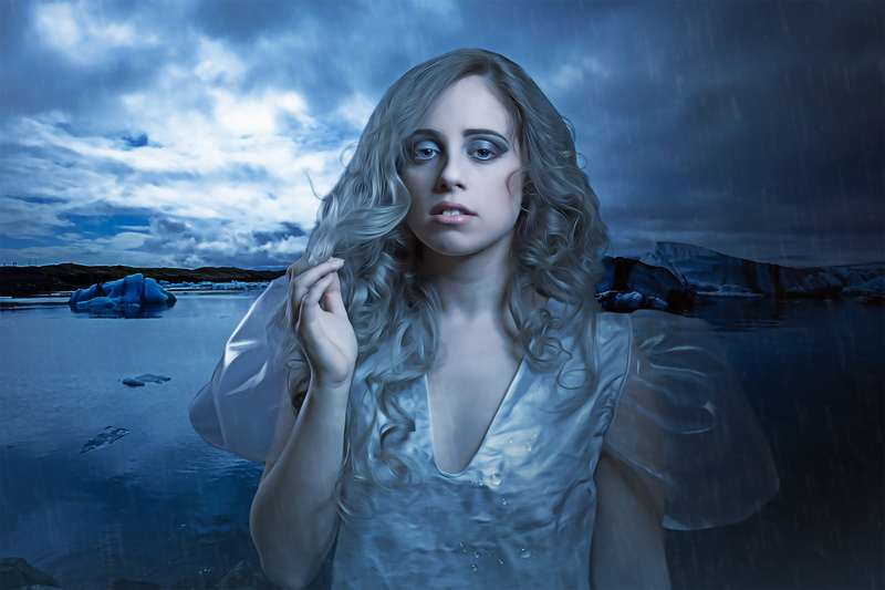 sky, winter, nature, hairstyle, cloud - sky, wearing, dark, storm, silver dress, adult, young women, rain, glacier, long hair, white, one person, young