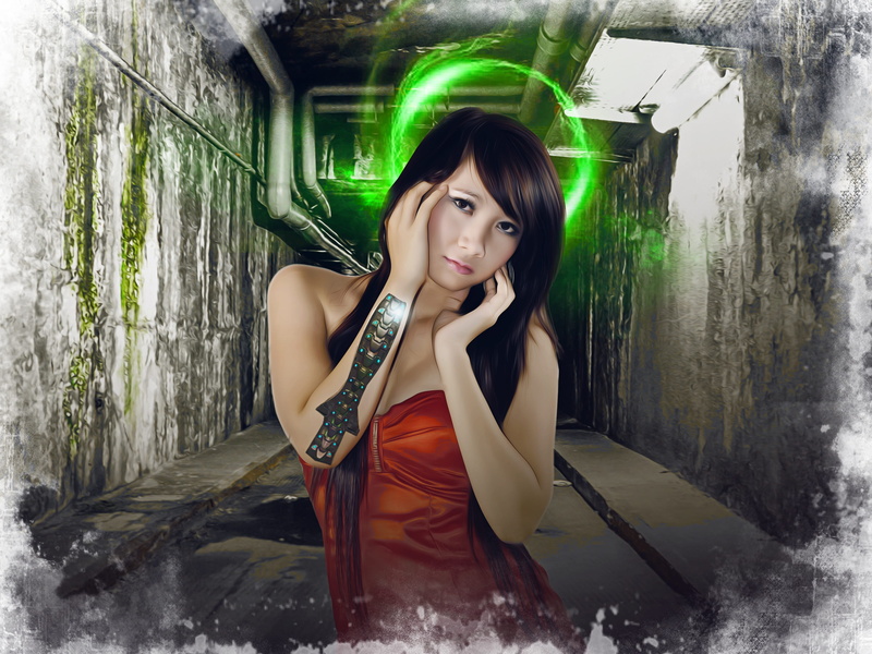 energy, futuristic, looking at camera, dark, young, portrait, orange, hairstyle, ears, industrial, clothing, female, beautiful woman, mind energy, sci-fi