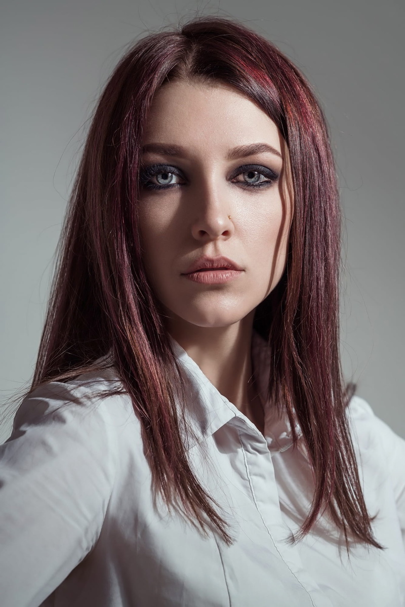 white clothing, makeup, lipstick, looking at viewer, Dmitry Belyaev, long hair, shirt, redhead, women, straight hair, moles, blue eyes, eyeshadow, simple background