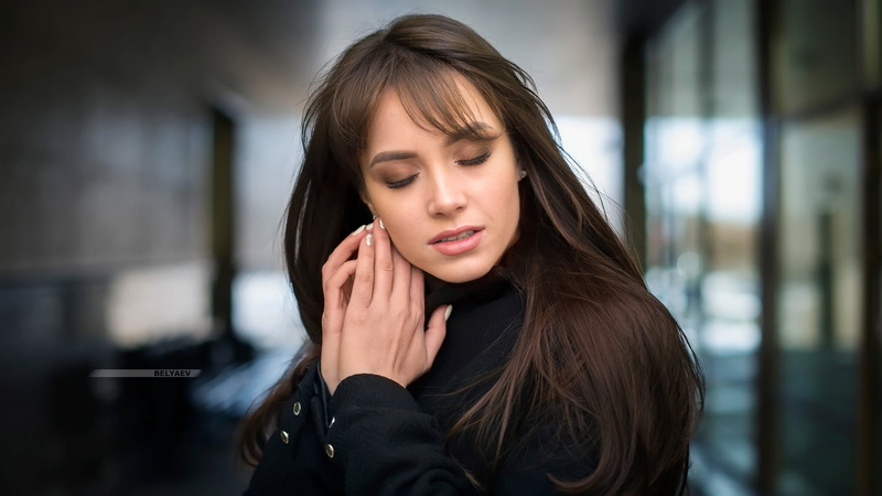 straight hair, closed eyes, black clothing, brunette, Dmitry Belyaev, 1080P, women, portrait, long hair, depth of field, coats, painted nails, eyeliner