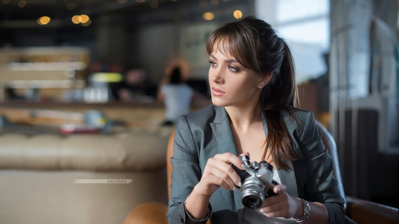 women, jacket, green eyes, looking away, indoors, suits, ponytail, Dmitry Belyaev, camera, 720P, brunette, depth of field