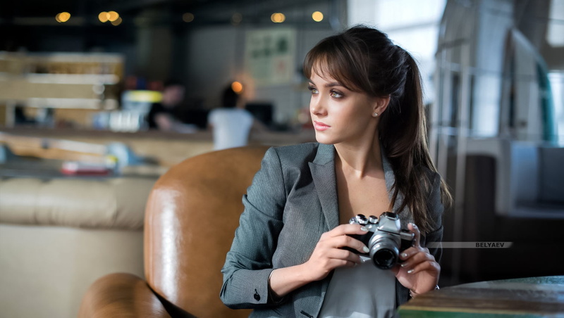 camera, women, green eyes, brunette, Dmitry Belyaev, long hair, indoors, 720P, jacket, ponytail, suits