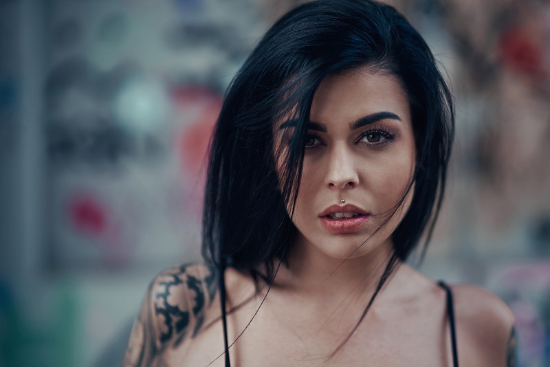 depth of field, pierced lip, black hair, face, portrait, women, tattoo, 1080P, piercing