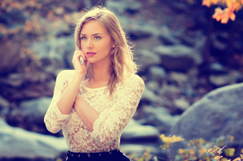 women outdoors, blue eyes, hand on face, Karolina Debczynska, 1080P, model, women, see-through clothing, blonde, open mouth, depth of field, filter