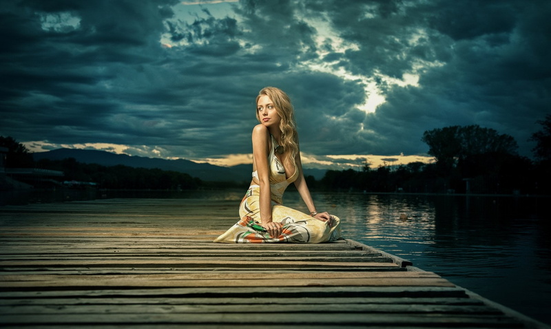 young adult, hair, blond hair, one person, nature, Women, Mood, beautiful woman, sky, cloud - sky, young women, outdoors, sitting, 1080P, lake, Blonde