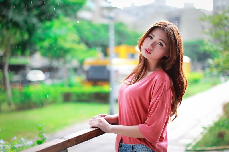 Asian, water drops, women outdoors, portrait, women, long hair, looking at viewer, brunette, 1080P, pink sweater