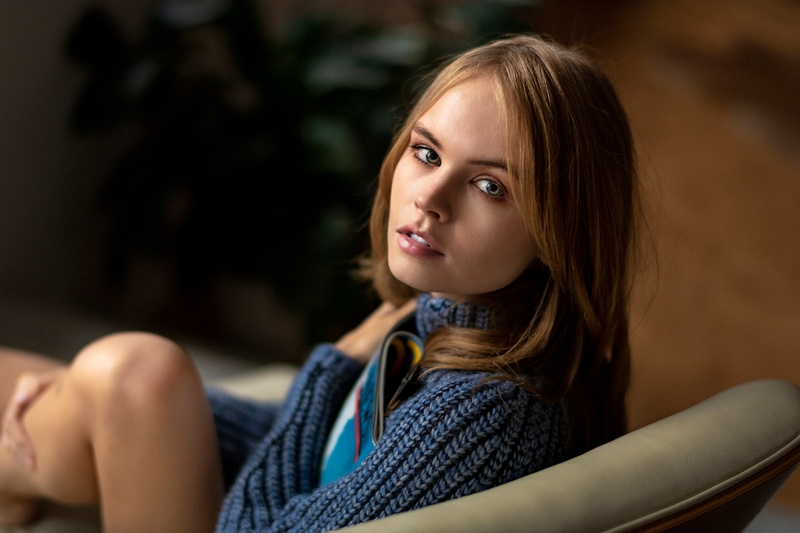 blonde, pink lipstick, women, sitting, green eyes, blue sweater, Anastasia Scheglova, 1080P, portrait