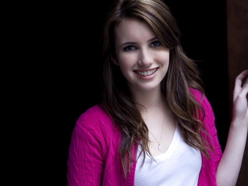 open sweater, 720P, brunette, happy, smiling, Emma Roberts, pink sweater, blue eyes, open mouth, actress, looking at viewer, women