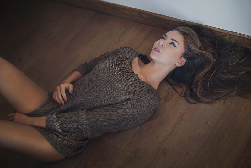 hairstyle, on the floor, young women, young adult, beauty, adult, pink lipstick, contemplation, legs, flooring, lying down, brunette, long hair, relaxation