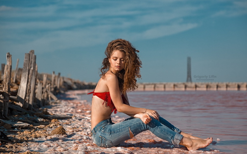 hair, sitting, hairstyle, beach, beauty, day, curls, young adult, Grigoriy Lifin, 1080P, Zaslavska To Alina, jeans, full length, nature, one person, leisure activity