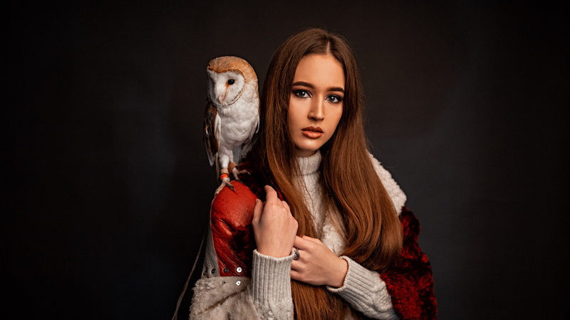 animals, 1080P, owl, brunette, sweater, model, portrait, indoors, women indoors, women, looking at viewer, long hair, Grigoriy Lifin, face, birds, dark background