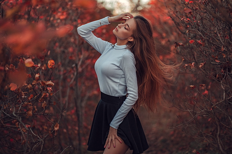 white clothing, long hair, closed eyes, blouse, black clothing, 1080P, skirt, Grigoriy Lifin, women, fall
