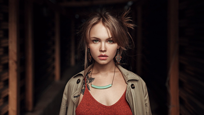 green eyes, young adult, tattoo, looking at camera, trench coat, women, adult, headshot, Anastasia Scheglova, Georgy Chernyadyev, beauty, contemplation