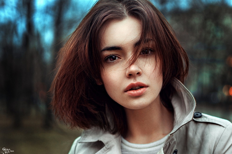brown eyes, trench coat, coats, Georgy Chernyadyev, 1080P, short hair, women