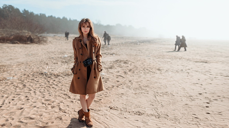 beach, beauty, Georgy Chernyadyev, looking at camera, adult, nature, land, brown coat, camera, one person, standing, model, portrait, hairstyle, sand, long hair