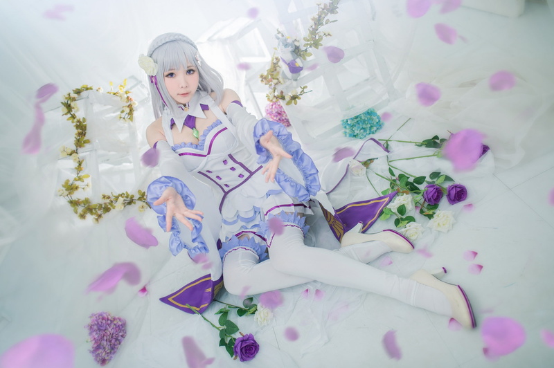 cutie, Asian, shoes, flowers, costume, hands, pink, window, 1080P, white, sitting, blonde, look, outfit, bangs, stockings, petals, roses, light background