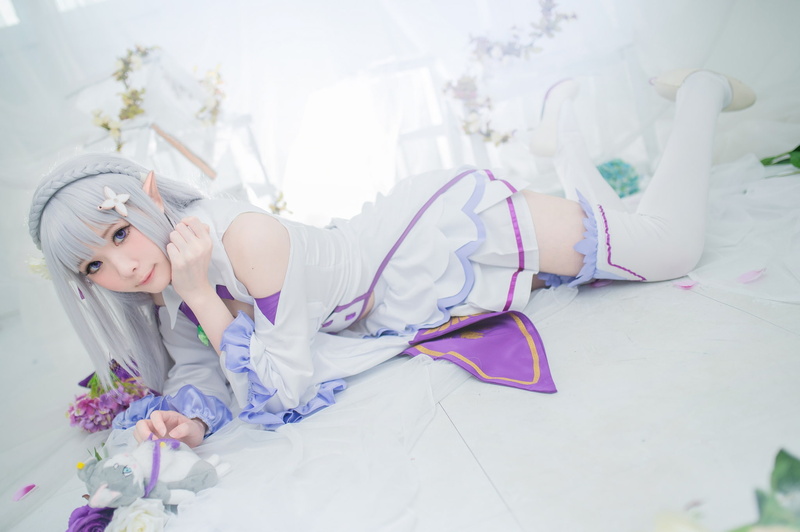 elf, Asian, light, feet, blonde, bed, girl, light background, hands, lies, pigtail, style, toy, cosplay, image, face, stockings, window, floor, costume