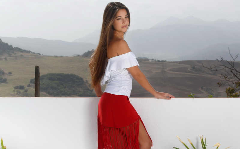 nature, mountains, 5K, model, brunette, women outdoors, women, blouses, skirt, Lorena Garcia, red skirt, bare shoulders, long hair, landscape