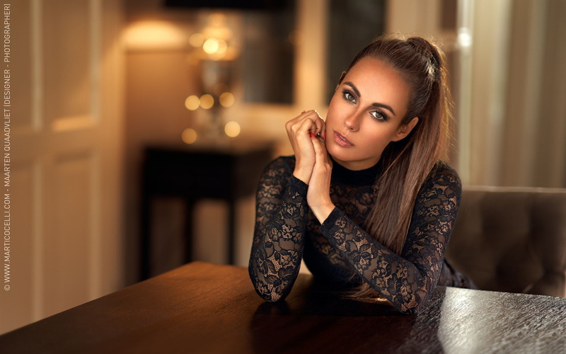 bokeh, portrait, women, red nails, ponytail, table, brunette, 1080P, Leentje Jorissen, Maarten Quaadvliet